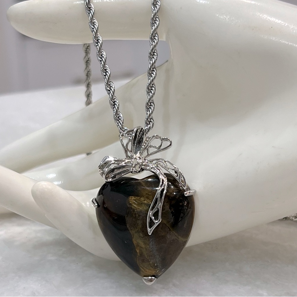 Tiger’s Eye Heart with Silver Ribbon Pendant Necklace